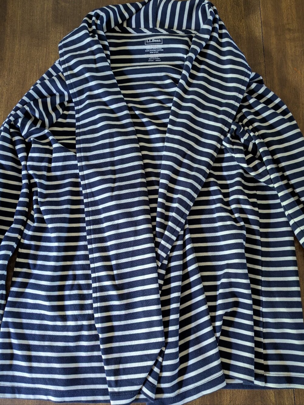 L.L.Bean Navy&White Supima Cotton Open Front Cardigan Large